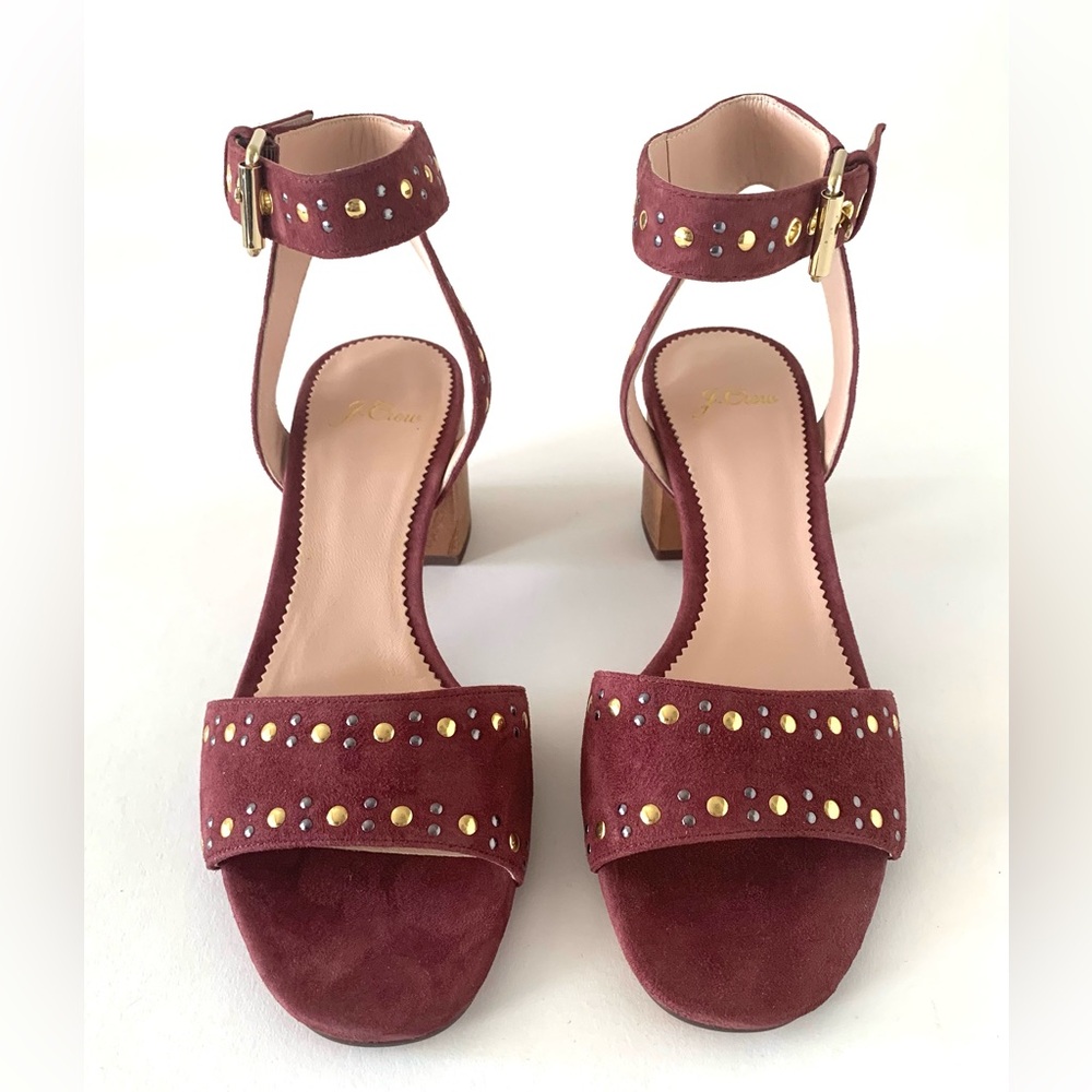 J. Crew ankle strap block heel in multi-studded burgundy-rose suede. Size 8.